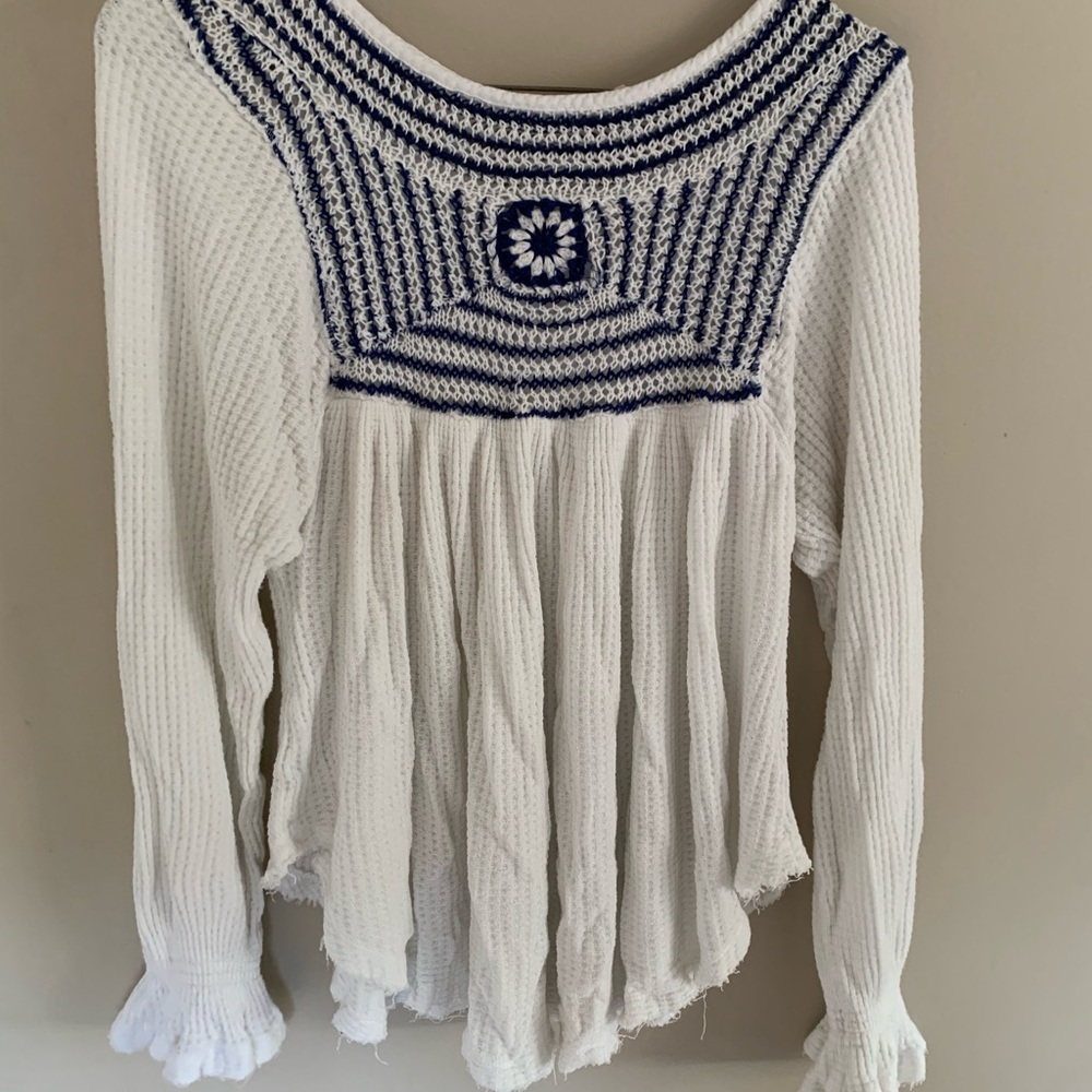 Free People White and Blue Long Sleeve Top